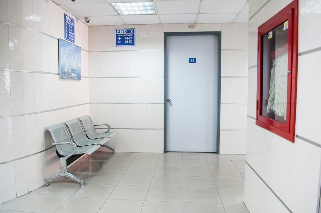 Bright modern healthcare facility interior with clean patient waiting and clinical areas