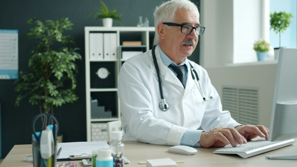 Healthcare professional reviewing records on a computer for healthcare licensing and renewal support